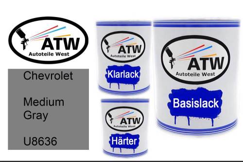 Chevrolet, Medium Gray, U8636: 1L Lackdose + 1L Klarlack + 500ml Härter - Set, von ATW Autoteile West.